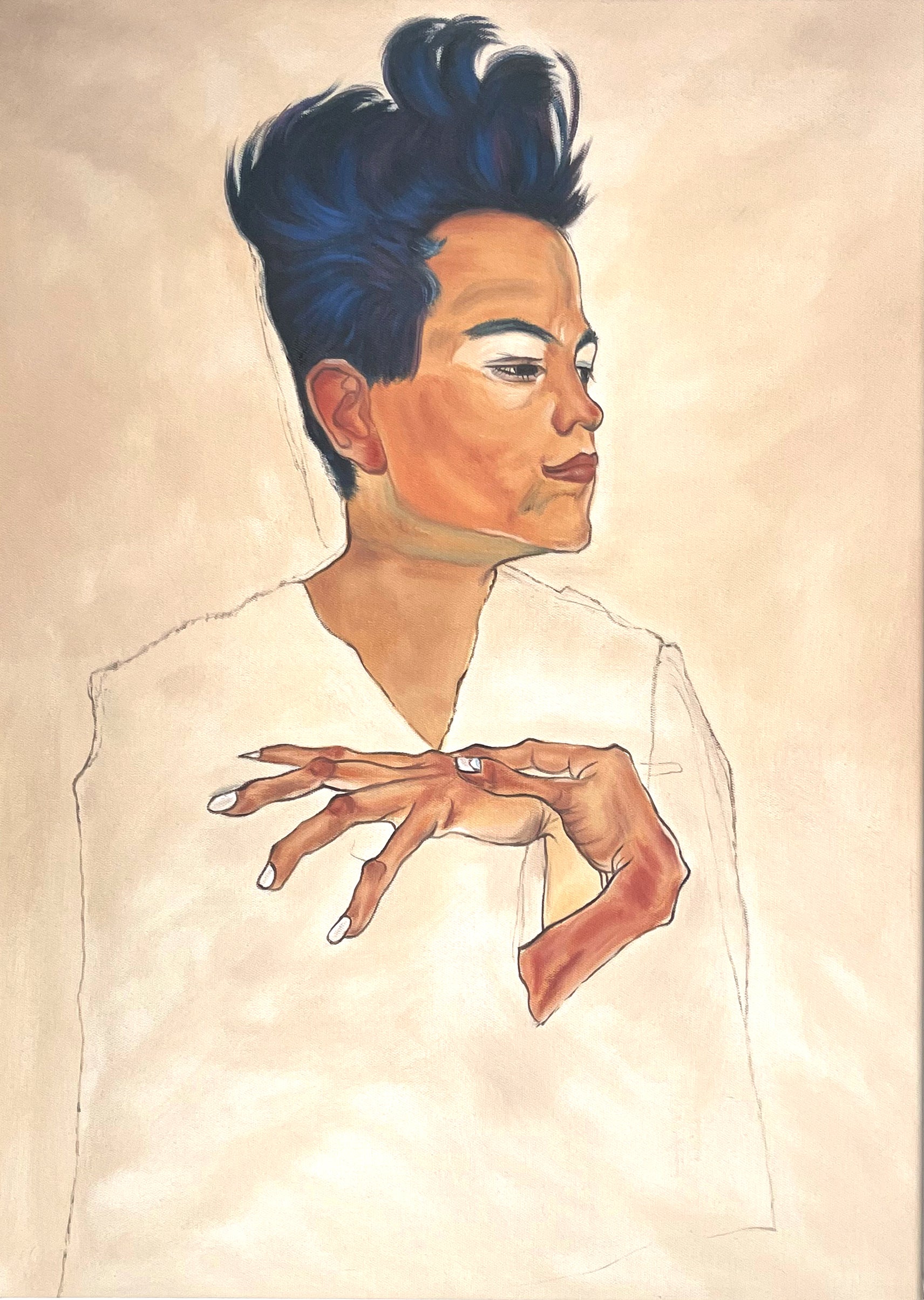Reproduction of Egon Schiele's Self-portrait with hands clasped to