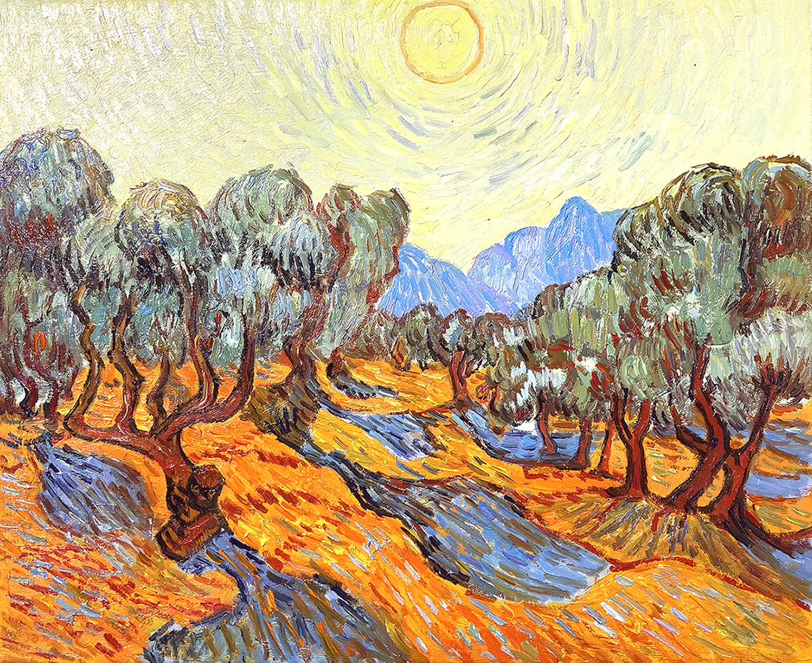 Reproduction of Oliviers with yellow sky and sun by Vincent Van