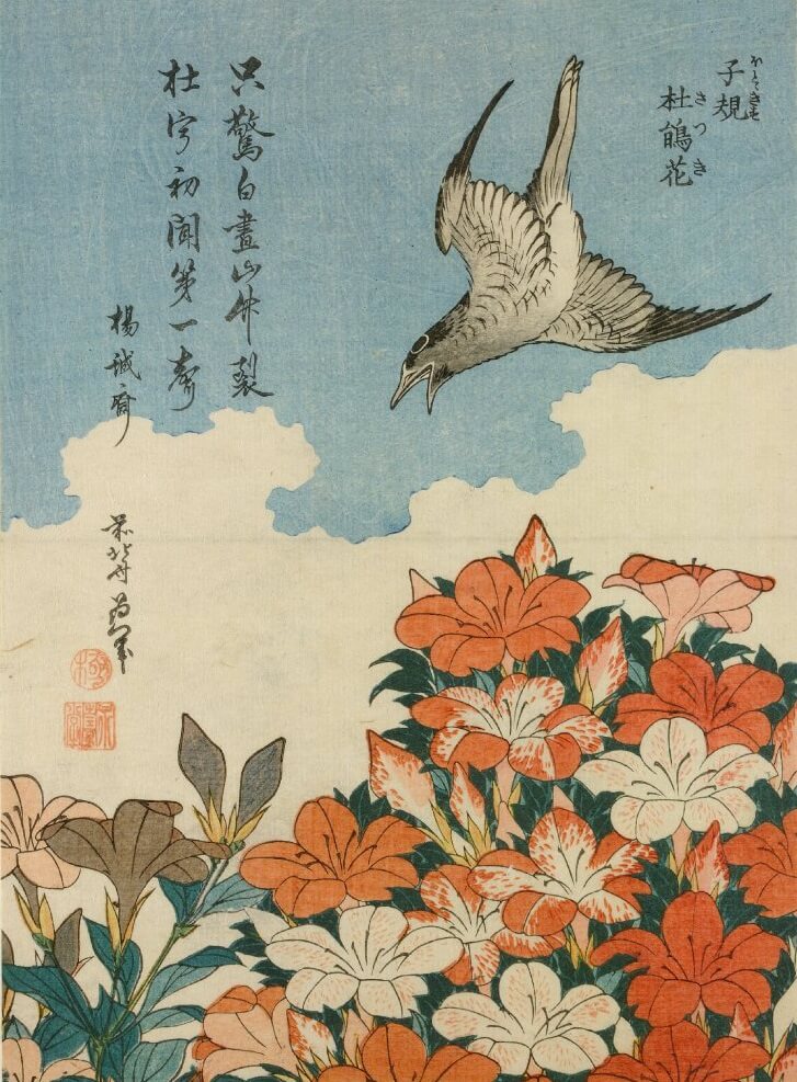 Kuckucksuhr und Azaleen - Hokusai