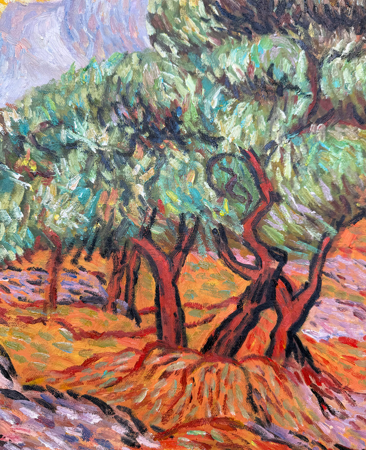 Reproduction of Oliviers with yellow sky and sun by Vincent Van