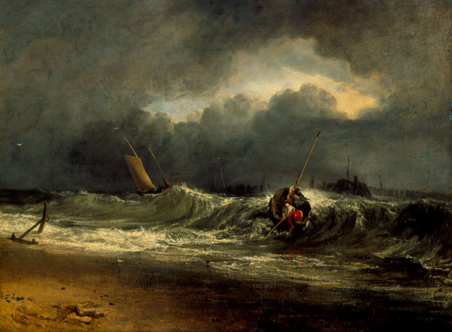 Fishermen on a calm shore in stormy weather - William Turner