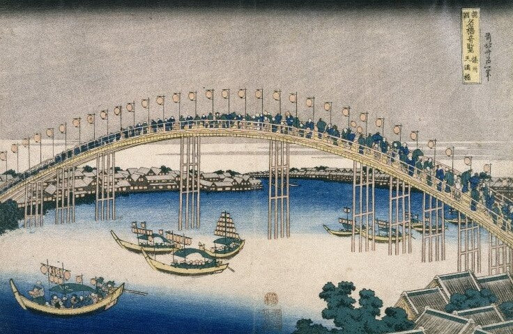 The lantern festival on Temma bridge - Hokusai