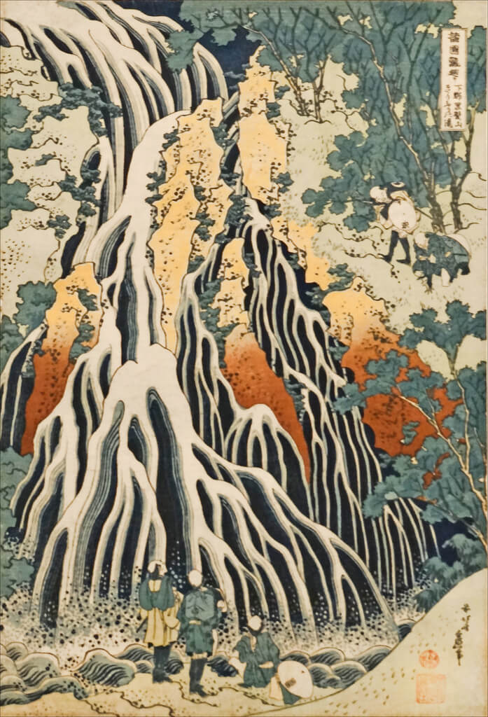 Pilger am Wasserfall von Kirifuri auf dem Berg Kurokami in der Provinz Shimotsuke - Hokusai