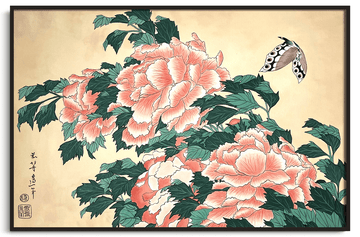 Pfingstrosen und Schmetterlinge - Hokusai