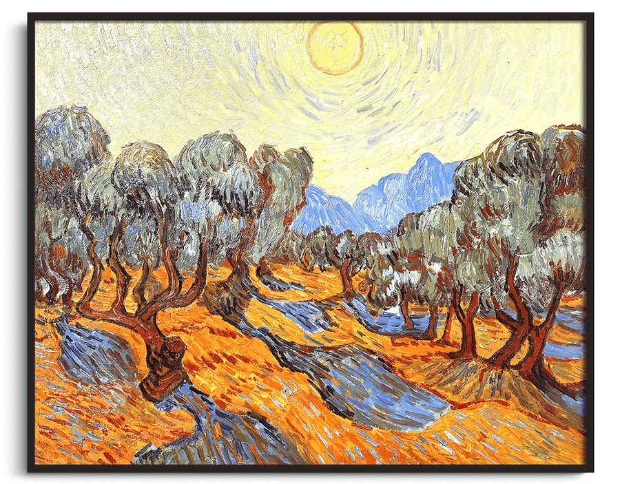 Olivenbäume mit gelbem Himmel und Sonne - Vincent Van Gogh